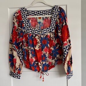 FARM Rio for Anthro Red and Blue Floral Blouse